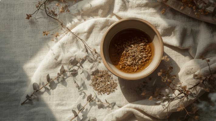 Una taza de cerámica con té herbal ámbar recién infusionado sobre lino claro, rodeada de eucalipto, flores secas y hierbas sueltas bajo una luz suave